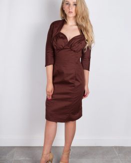 Wiggle dress with gathered bra piece, high waist, dolman sleeve and shaped collar line. Button back